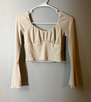 Altar'd State‎ Cream Ribbed Scoop-Neck Crop Top with Fluted Sleeves thumbnail 1