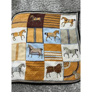 ⁠Vintage Pleated Scarf Equestrian Horse Print Gold Blue Yellow Square Neck Wrap⁠ thumbnail 6