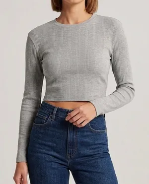 Abercrombie Athletics Abercrombie & Fitch Gray Ribbed Long Sleeve Crop Top Crew Neck Shirt Size Small thumbnail 1