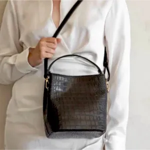NWT AOTA Elena Crossbody Bucket Bag in Black Croc Vegan Leather thumbnail 7