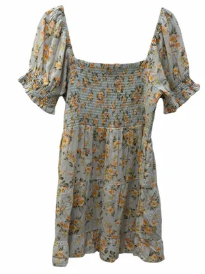 American Eagle Floral Smocked Mini Dress Blue Linen Blend Boho Cottagecore M thumbnail 10