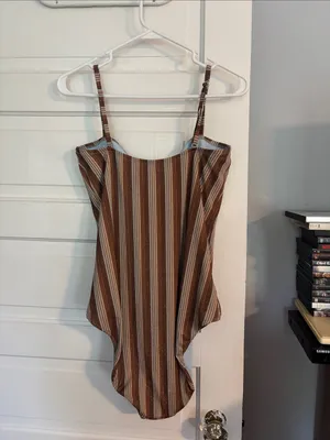 Aerie Striped Metallic Brown & Cream One-Piece Swimsuit thumbnail 5