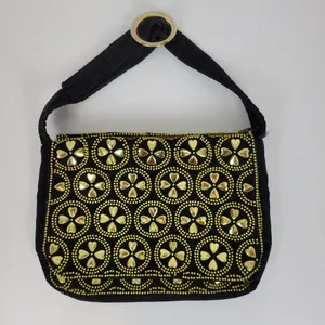 Vintage Retro Womens Bag Black Gold Beaded Studded Corduroy Purse Hong Kong thumbnail 14