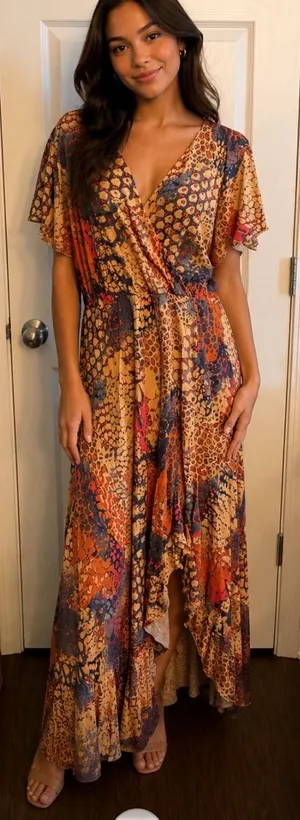 Venus x Lascana Flutter Sleeve V-Neck Maxi Dress in Rust Multi, XL thumbnail 1