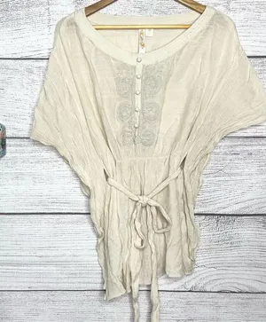 Adiva Cream Embroidered Boho Gauzy Belted Kimono Top Size Medium thumbnail 1