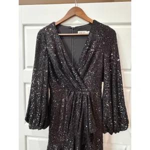 Eliza J Black Sequin Long‎ Sleeve Mini Wrap Dress Size 4 Glam Party Holiday thumbnail 3