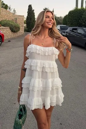 Zara White Ruffled Tie-Shoulder Bohemian Lace Trim Mini Dress thumbnail 1