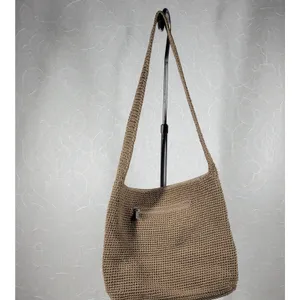 Vintage Sak Crochet Shoulder Bag 10" Dark Tan Nylon Ladies Handbag Pockets thumbnail 13