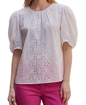 EXPRESS‎ Bright White Eyelet Puff Sleeve Floral Embroidered Blouse Top EUC Small thumbnail 1