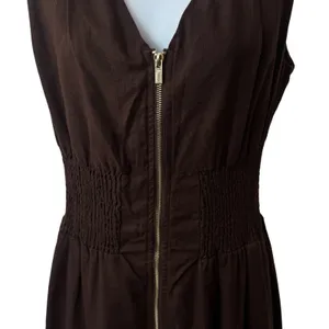 Joie Linen Blend Chocolate Brown‎ Zip-Front Midi Dress Quiet Luxury Old Money M thumbnail 4