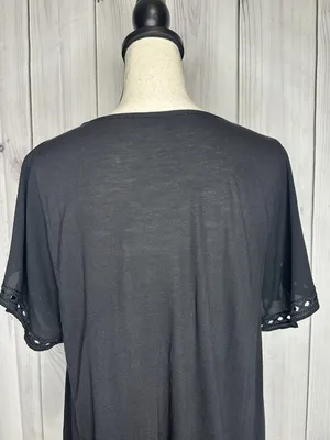 Ann Taylor Loft Black Scoop Neck Shirt Top Size Medium Embroidered Short Sleeve thumbnail 9
