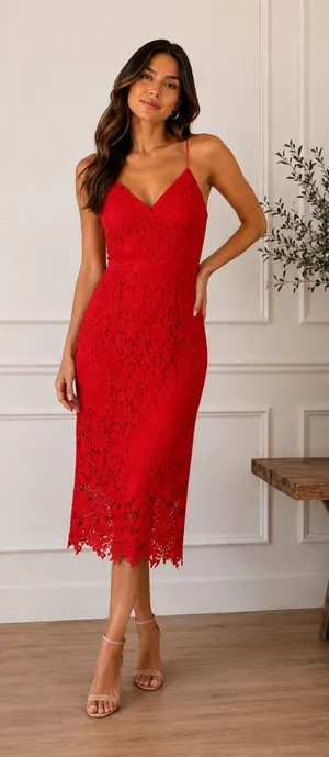 Soprano Size M Red Floral Lace Midi Dress Spaghetti Strap NWOT thumbnail 1