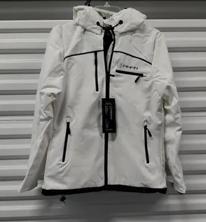 PinFin Womens Hooded Windbreaker Jacket Sz Medium White Outdoor Hiking Rain Coat thumbnail 1
