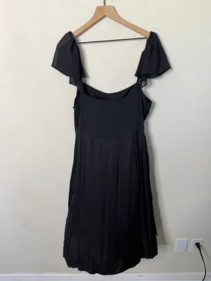 Anthropologie Sheer Flutter Sleeve Dress Silky Satin Black Women’s Size 16 thumbnail 6