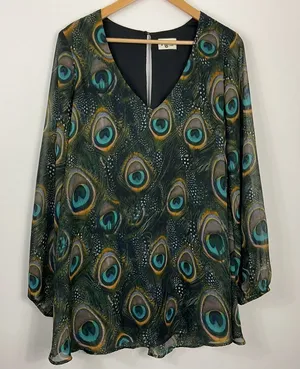 Show Me Your Mumu Donna Michelle Feather Print Tunic Top Dress Womens Large thumbnail 1