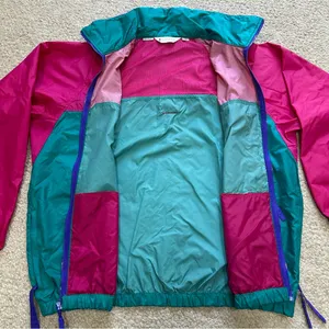 Vintage Columbia Windbreaker Jacket Green Pink Zip Up Hood Women Size XL thumbnail 6