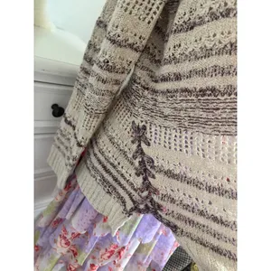 Boho Crochet Knit Sweater Striped Lace Up Side Pointelle Cottagecore Cream Red thumbnail 3