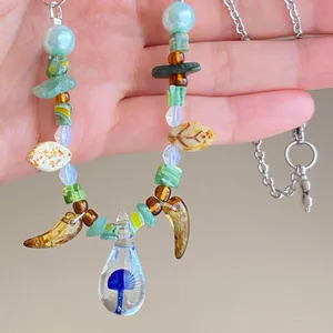 Handmade unique fairy nature boho vintage style quality Czech glass beads mix mushroom pendant necklace💚🍄🐞 thumbnail 2