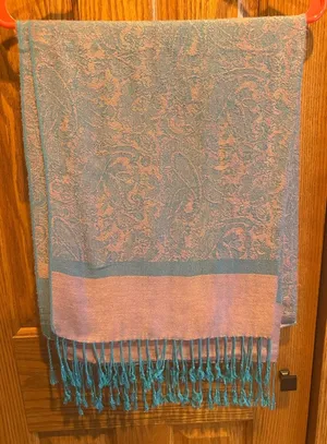 Jacquard Paisley Silk Pashmina Pink Teal Blue Fringe Wrap Shawl thumbnail 2