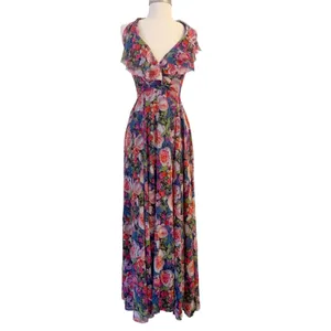 Fuzzi Floral Mesh Halter‎ Maxi Dress XS Romantic Ruffle Wedding Guest Italy $650 thumbnail 2