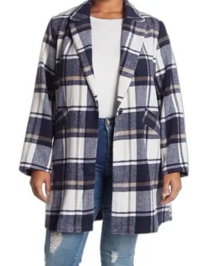 Melloday Blue Plaid Wool Blend Open Front Notch Lapel Coat XL NWOT thumbnail 1
