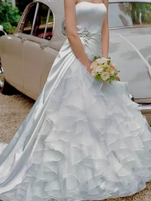 Beautiful David’s Bridal Strapless Satin & Organza Ruffle Wedding Gown thumbnail 1