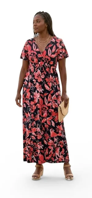 Michelle Mae resortwear Black Maxi Dress with Coral Floral Pattern size XL thumbnail 1
