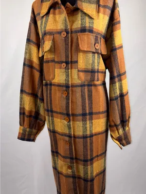 SheIn Plaid Trench Coat in Mustard & Brown thumbnail 1