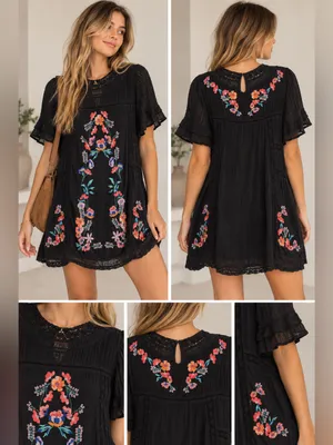Free People Perfectly Victorian Embroidered Mini Dress Black Floral Size Small thumbnail 2