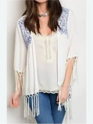 Entro Boho Embroidered Fringe Open Front Kimono Cardigan Cover-Up resortwear thumbnail 3