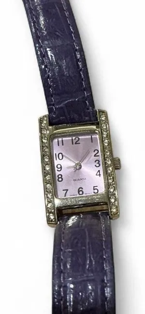 Vintage rectangle‎ quartz watch purple crocodile pattern leather rhinestone thumbnail 1