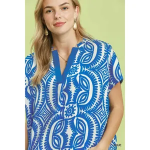 Umgee Geometric Print V-Neck Short Sleeve Top - Large thumbnail 4