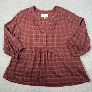 Wrangler Women's XL Burgundy Plaid Pleated V-Neck 3/4 Sleeve Peasant Blouse Top thumbnail 1