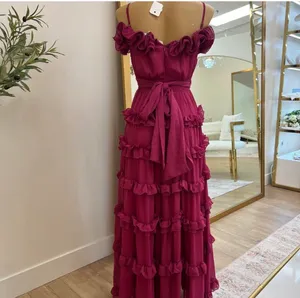 Ruffled off shoulder maxi dress in deep fuschia thumbnail 3