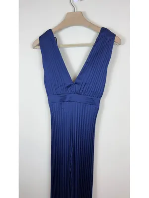 Abercrombie & Fitch Giselle Pleated Satin Jumpsuit Navy Blue XXSP Wide Leg thumbnail 4