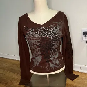 Y2K V-Neck Long Sleeve Top with Black‎ Floral Design size S thumbnail 4