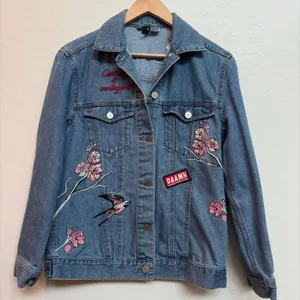 Divided Denim Jacket Embroidered Bird Floral Boho Retro Casual Womens Size‎ 6 thumbnail 1
