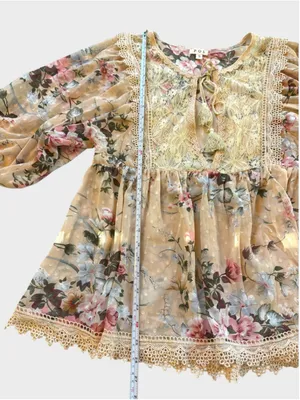 POL Floral Print Lace Detail 3/4 Sleeve Sheer Top Size S thumbnail 6
