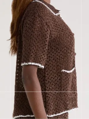 Elan Crochet Button-Up Cover-Up TOP, Brown/White, Size Medium, NWT thumbnail 3