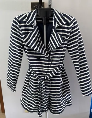 Express Women's Blue White striped double-breasted trench coat with belt Size M thumbnail 1