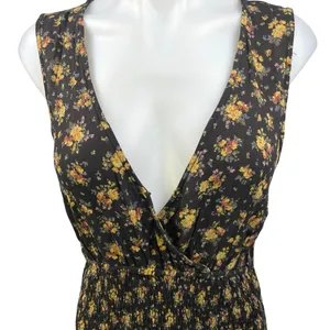 American Eagle Black Multicolor Floral Smocked Sleeveless V-neck Bodycon Dress L thumbnail 3