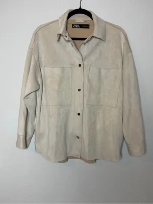 Zara Faux Suede Shacket Womens Small Beige Oversized Snap Front Shirt Jacket thumbnail 5
