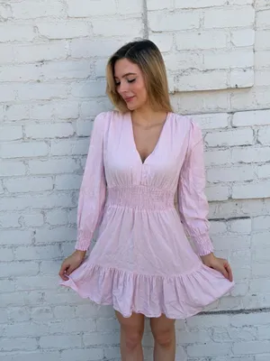 Zara Pink linen mini long sleeve ruffled dress sz XS #boho #girly #babydoll #cottagecore thumbnail 2