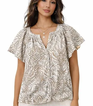 LOFT Floral Flutter Sleeve V-Neck Top Brown Cotton Tropical Boho Coastal Size M thumbnail 1