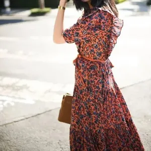 Ulla Johnson Lisette Rust Blue Floral Puff Sleeve Ruffle Wrap Midi Dress thumbnail 3