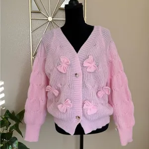 Pink Bow Knit Cardigan Sweater Coquette Cottagecore Oversized XL thumbnail 2