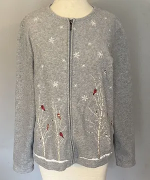 Croft & Barrow Cardigan Sz PL Full Zip Gray Cardinals Birds Holiday Winter‎ Snow thumbnail 1