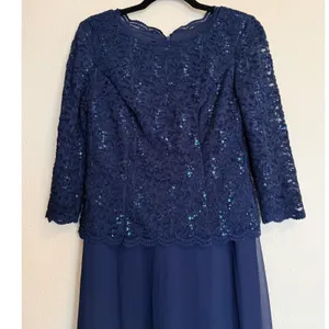 Alex Evenings Navy Blue Lace Sequin 3/4 Sleeve Maxi Dress Sz 6 Mother of Bride‎ thumbnail 4