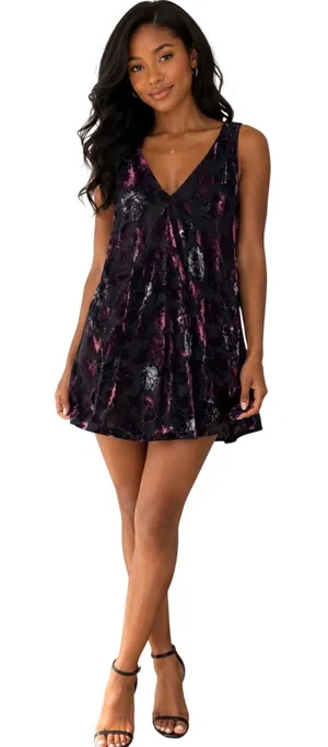 BB Dakota Purple Burnout Velvet Floral V-Neck Mini Dress Racerback‎ Small thumbnail 1