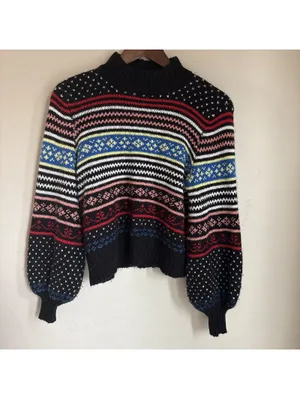 American Eagle Black Fair Isle Mock Neck Sweater Striped Bishop Sleeves Size M thumbnail 2